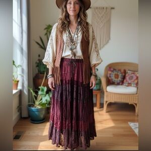 Bohemian Burgundy Maxi Skirt velvet rayon cotton medium drawst waist boho flowy